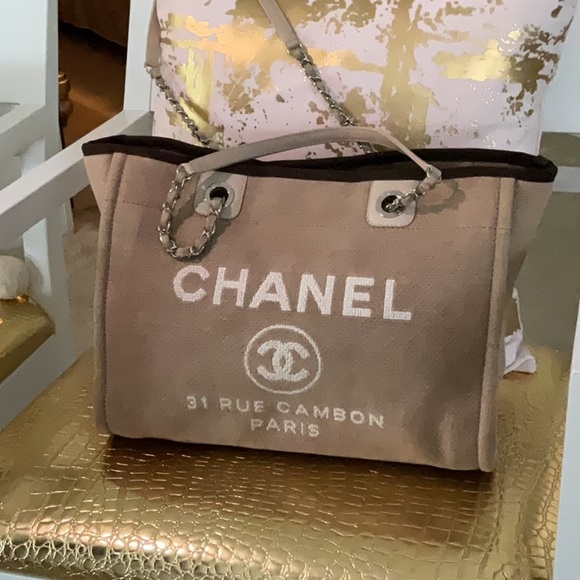 Chanel Beige Canvas Tote with Chain Straps - Picture 1 of 3